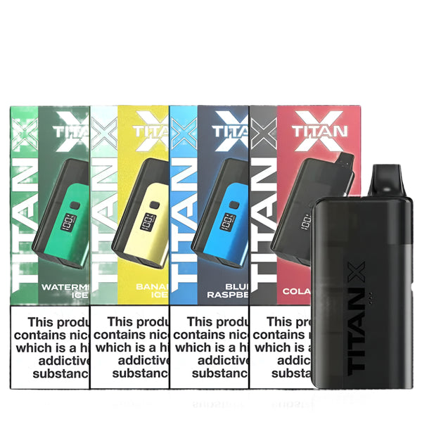 TITAN X vape device with colorful packaging displaying different flavors on a white background.