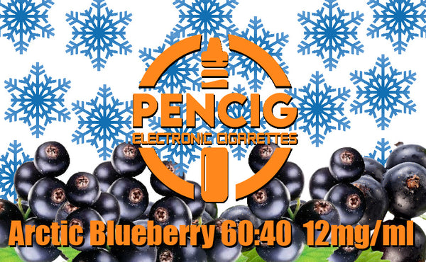 Pencig vape shop orange logo, e-liquid description including 60vg / 40pg proportions and 12mg level of nicotine on the blueberries and snow flakes background. 