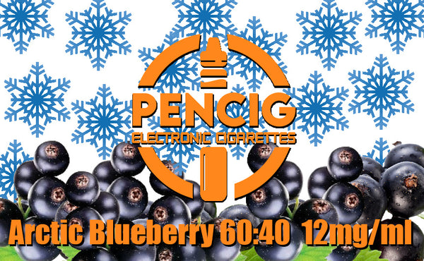 Pencig vape shop orange logo, e-liquid description including 60vg / 40pg proportions and 12mg level of nicotine on the blueberries and snow flakes background.