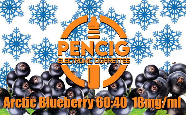 Pencig vape shop orange logo, e-liquid description including 60vg / 40pg proportions and 18mg level of nicotine on the blueberries and snow flakes background.