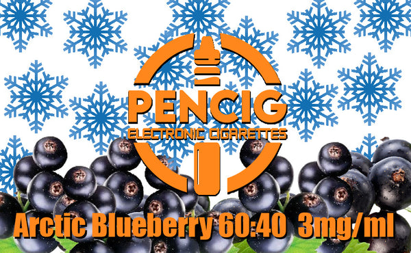 Pencig vape shop orange logo, e-liquid description including 60vg / 40pg proportions and 3mg level of nicotine on the blueberries and snow flakes background.