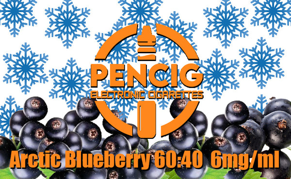 Pencig vape shop orange logo, e-liquid description including 60vg / 40pg proportions and 6mg level of nicotine on the blueberries and snow flakes background. 