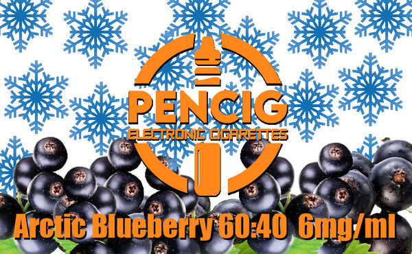 Pencig vape shop orange logo, e-liquid description including 60vg / 40pg proportions and 6mg level of nicotine on the blueberries and snow flakes background.