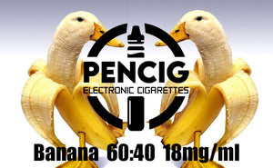 Pencig vape shop black logo, e-liquid description including 60vg / 40pg proportions and 18mg level of nicotine on the bananas looking like ducks background.