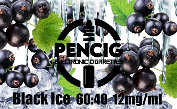 Pencig vape shop black logo, e-liquid description including 60vg / 40pg proportions and 12mg level of nicotine on the icicles, ice cubes and blackcurrant background.