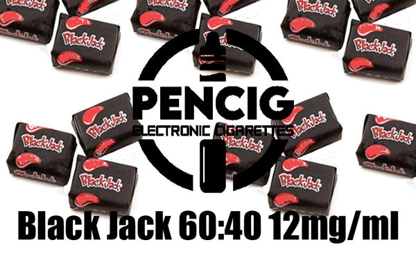Pencig vape shop black logo, e-liquid description including 60vg / 40pg proportions and 12mg level of nicotine on the black jack candies background.