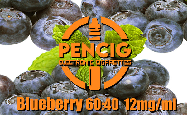 Pencig vape shop orange logo, e-liquid description including 60vg / 40pg proportions and 12mg level of nicotine on the blueberries background.