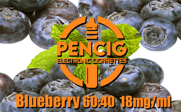 Pencig vape shop orange logo, e-liquid description including 60vg / 40pg proportions and 18mg level of nicotine on the blueberries background.