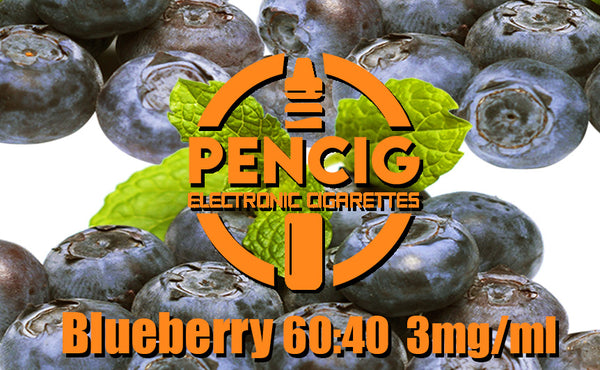 Pencig vape shop orange logo, e-liquid description including 60vg / 40pg proportions and 3mg level of nicotine on the blueberries background.