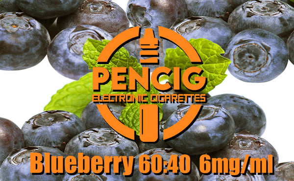 Pencig vape shop orange logo, e-liquid description including 60vg / 40pg proportions and 6mg level of nicotine on the blueberries background.
