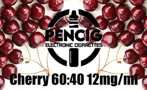 Pencig vape shop black logo, e-liquid description including 60vg / 40pg proportions and 12mg level of nicotine on the cherries background.