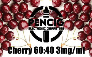 Pencig vape shop black logo, e-liquid description including 60vg / 40pg proportions and 3mg level of nicotine on the cherries background.