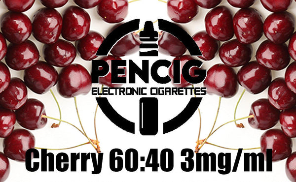 Pencig vape shop black logo, e-liquid description including 60vg / 40pg proportions and 3mg level of nicotine on the cherries background.