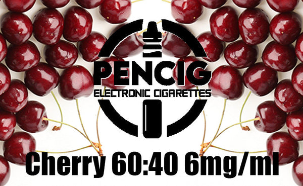Pencig vape shop black logo, e-liquid description including 60vg / 40pg proportions and 6mg level of nicotine on the cherries background.