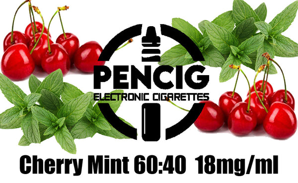 Pencig vape shop black logo, e-liquid description including 60vg / 40pg proportions and 18mg level of nicotine on the cherries and mint background.