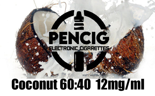 Pencig vape shop black logo, e-liquid description including 60vg / 40pg proportions and 12mg level of nicotine on the half cut splashed coconut water background.