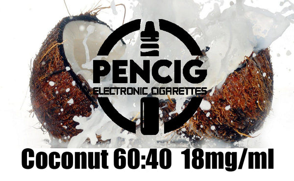 Pencig vape shop black logo, e-liquid description including 60vg / 40pg proportions and 18mg level of nicotine on the half cut splashed coconut water background.