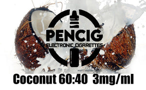 Pencig vape shop black logo, e-liquid description including 60vg / 40pg proportions and 3mg level of nicotine on the half cut splashed coconut water background.