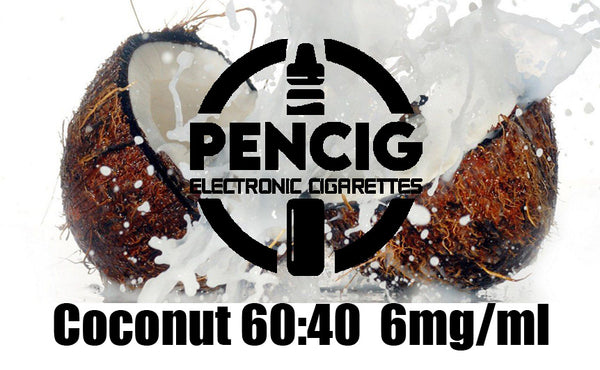 Pencig vape shop black logo, e-liquid description including 60vg / 40pg proportions and 6mg level of nicotine on the half cut splashed coconut water background.