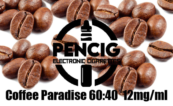 Black logo of the Pencig Vape Shop, e-liquid description including 60vg / 40pg proportions and 12mg level of nicotine in the coffee beans background.