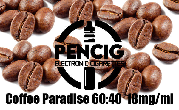 Black logo of the Pencig Vape Shop, e-liquid description including 60vg / 40pg proportions and 18mg level of nicotine in the coffee beans background.