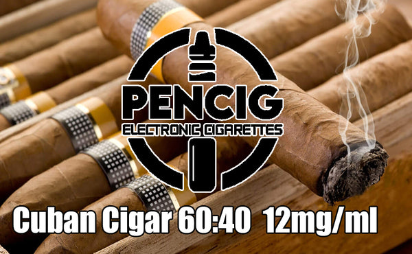 Black logo of the Pencig Vape Shop, e-liquid description including 60VG / 40PG proportions and 12mg nicotine level on the background of few cigars.