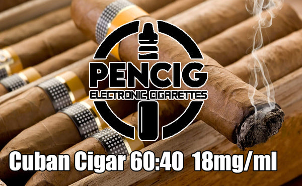 Black logo of the Pencig Vape Shop, e-liquid description including 60VG / 40PG proportions and 18mg nicotine level on the background of few cigars.