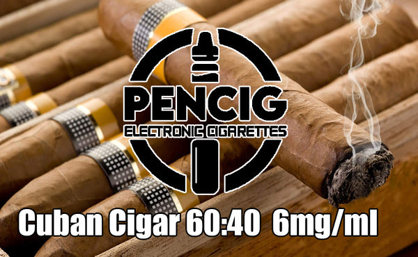 Black logo of the Pencig Vape Shop, e-liquid description including 60VG / 40PG proportions and 6mg nicotine level on the background of few cigars.