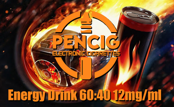 Orange logo of the Pencig Vape Shop, e-liquid description including 60VG / 40PG proportions and 12mg nicotine level on the background of energy drink can in fire.