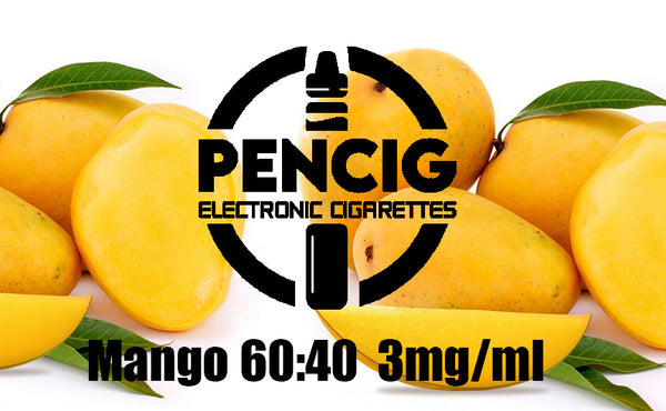 Black logo of Pencig vape shop, e-liquid description including 60vg / 40pg proportions and 3mg level of nicotine on the yellow mangos  background.