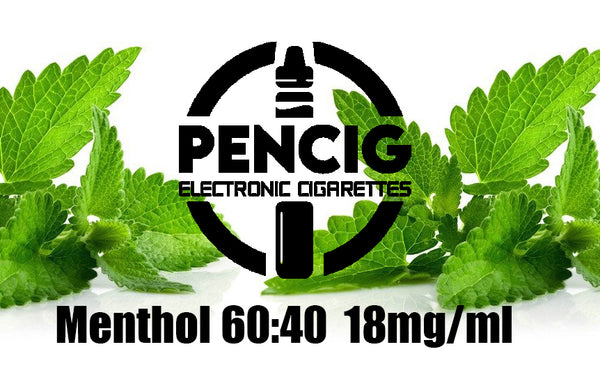 Black logo of Pencig vape shop, e-liquid description including 60vg / 40pg proportions and 18mg level of nicotine on the green mint leaves background.
