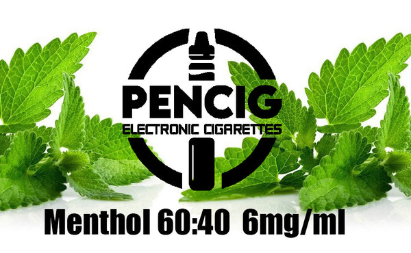 Black logo of Pencig vape shop, e-liquid description including 60vg / 40pg proportions and 6mg level of nicotine on the green mint leaves background.