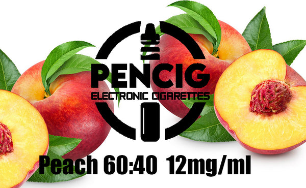 Black logo of Pencig vape shop, e-liquid description including 60vg / 40pg proportions and 12mg level of nicotine on the juicy peaches background.