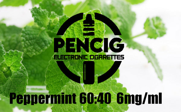 Black logo of Pencig vape shop, e-liquid description including 60vg / 40pg proportions and 6mg level of nicotine on the peppermint leaves background.