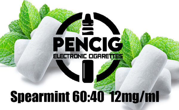 Black logo of Pencig vape shop, e-liquid description including 60vg / 40pg proportions and  12mg level of nicotine on the mint leaves and chewing gum background.