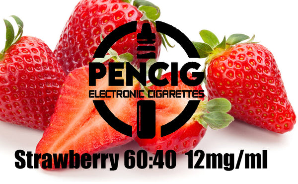 Black logo of Pencig vape shop, e-liquid description including 60vg / 40pg proportions and 12mg level of nicotine on the strawberries background.