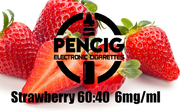 Black logo of Pencig vape shop, e-liquid description including 60vg / 40pg proportions and 6mg level of nicotine on the strawberries background.