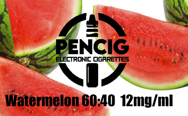 Black logo of Pencig vape shop, e-liquid description including 60vg / 40pg proportions and 12mg level of nicotine on the watermelons background.