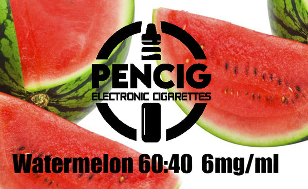 Black logo of Pencig vape shop, e-liquid description including 60vg / 40pg proportions and 6mg level of nicotine on the watermelons background.