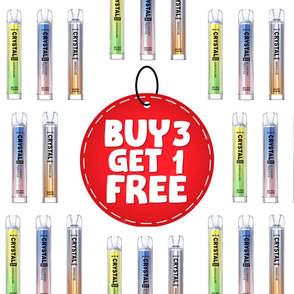 Crystal disposable vapes around  red sticker buy 3 get 1 free.
