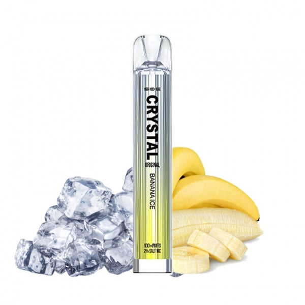 Crystal disposable ecigarette on the banana and ice. Everything on a white background.