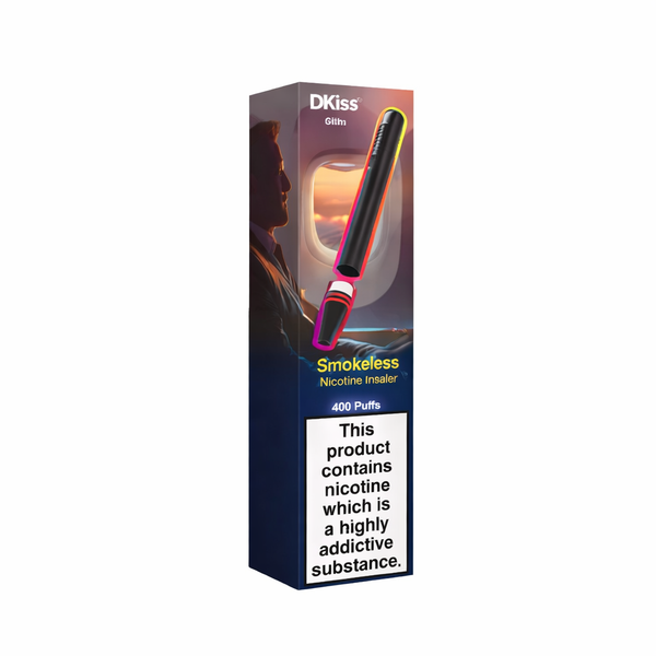 DKiss nicotine inhaler packaging with product image and text on a white background