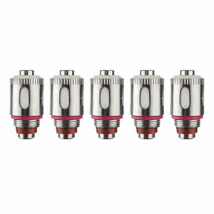 Five metallic vape coils with pink and red accents on a white background