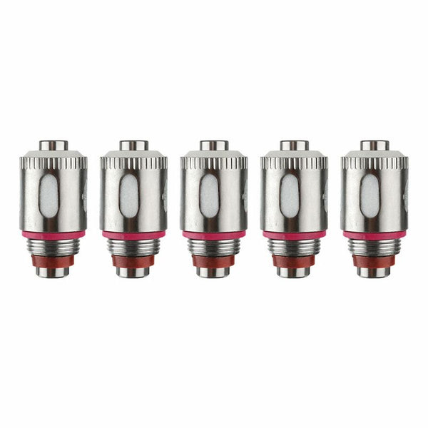Five metallic vape coils with pink and red accents on a white background