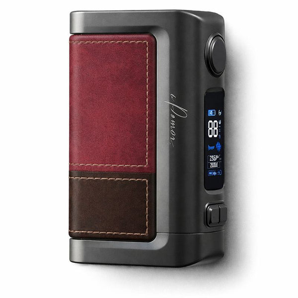 Vape device with leather-textured panels on a white background