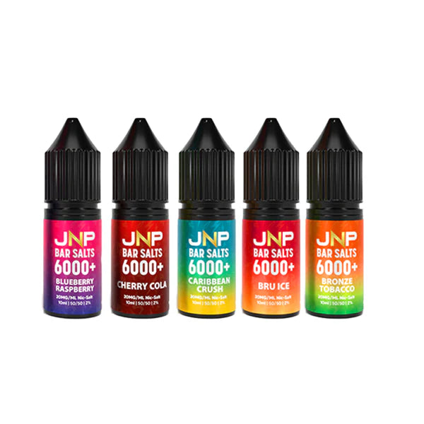 Five JNP Bar Salts vape juice bottles in various flavors on a white background