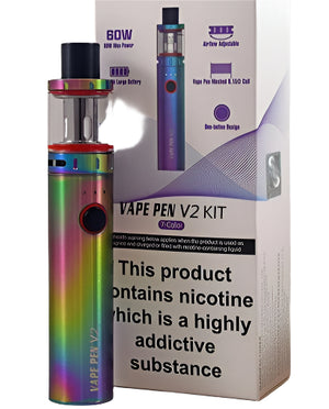 Vape pen V2 kit with rainbow design in front of its packaging box.