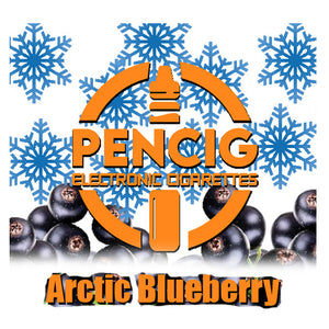 Orange logo of Pencig Vape Shop and Arctic Blueberry name of the vape liquid in the snow flakes and blueberries background.