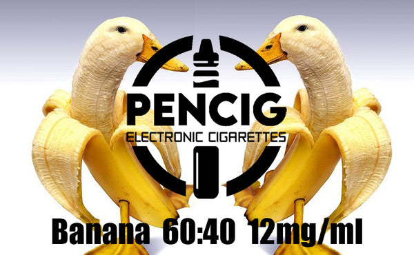 Black logo of Pencig vape shop, e-liquid description including 60vg / 40pg proportions and 12mg level of nicotine on the bananas looking like ducks background.