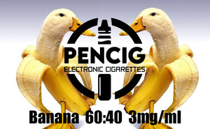 Black logo of Pencig vape shop, e-liquid description including 60vg / 40pg proportions and 3mg level of nicotine on the bananas looking like ducks background.